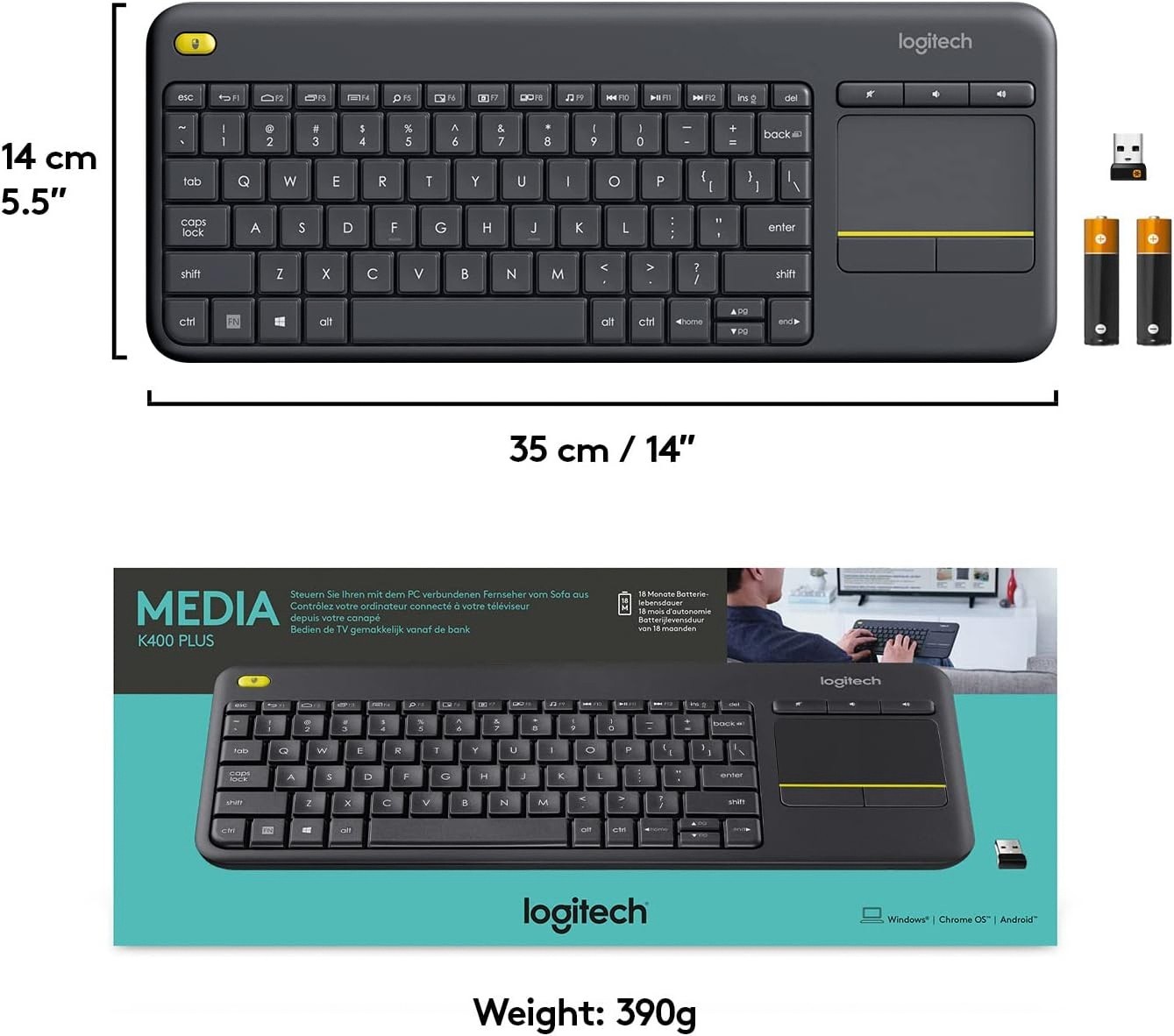 Logitech K400 Plus Wireless Touch TV Keyboard for PC-Connected TV - Black - NEW