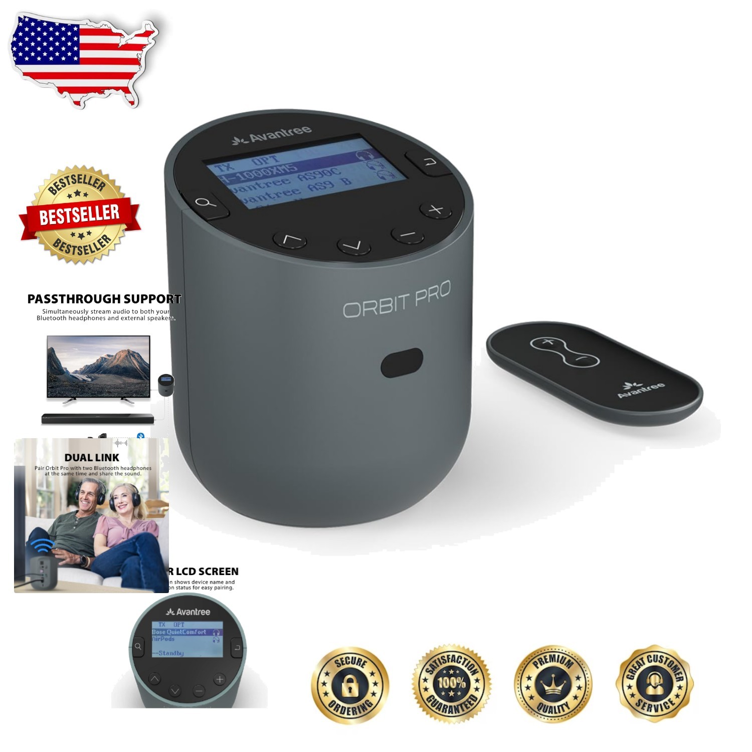 Orbit Pro TV Transmitter LCD Bluetooth aptX Low Latency 164ft Remote