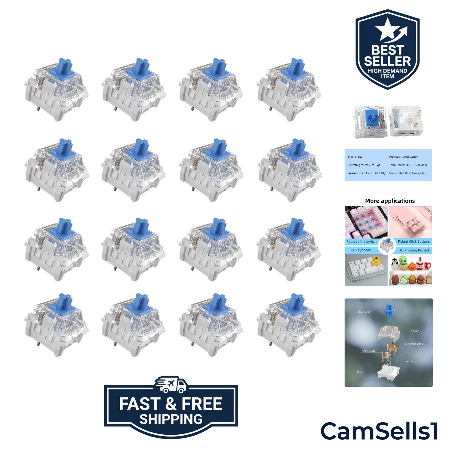 108Pcs Clickers for 3D Prints Blue Clicky Keyboard Switches