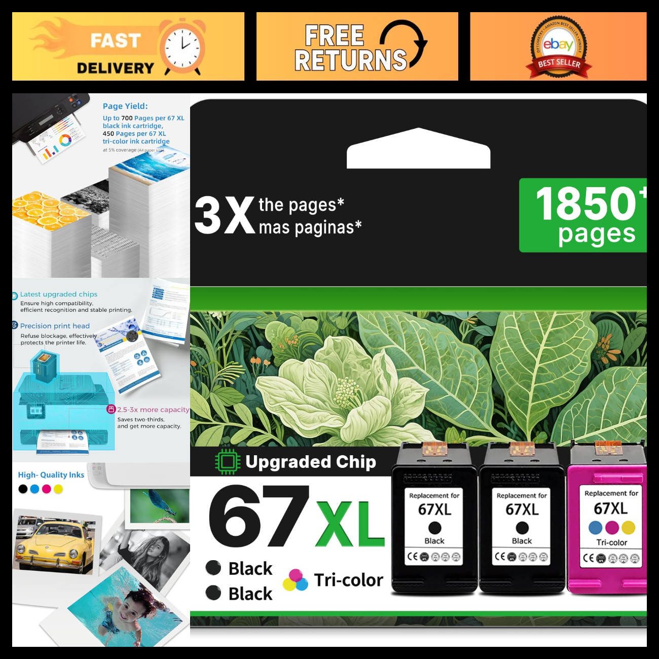 High-Capacity 67XL Ink Cartridge 3-Pack - Black & Color Replacement for Printers