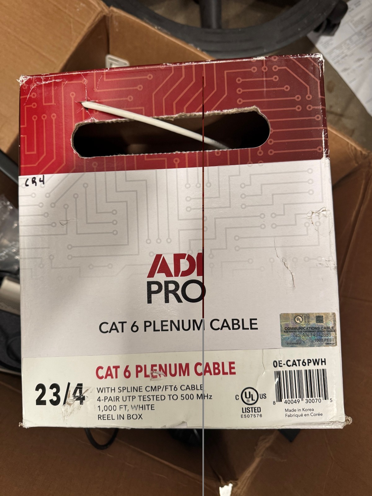ADI PRO CAT6 Plenum Cable 23AWG 4-Pair UTP, Solid Copper, 1000ft Reel-in-Box