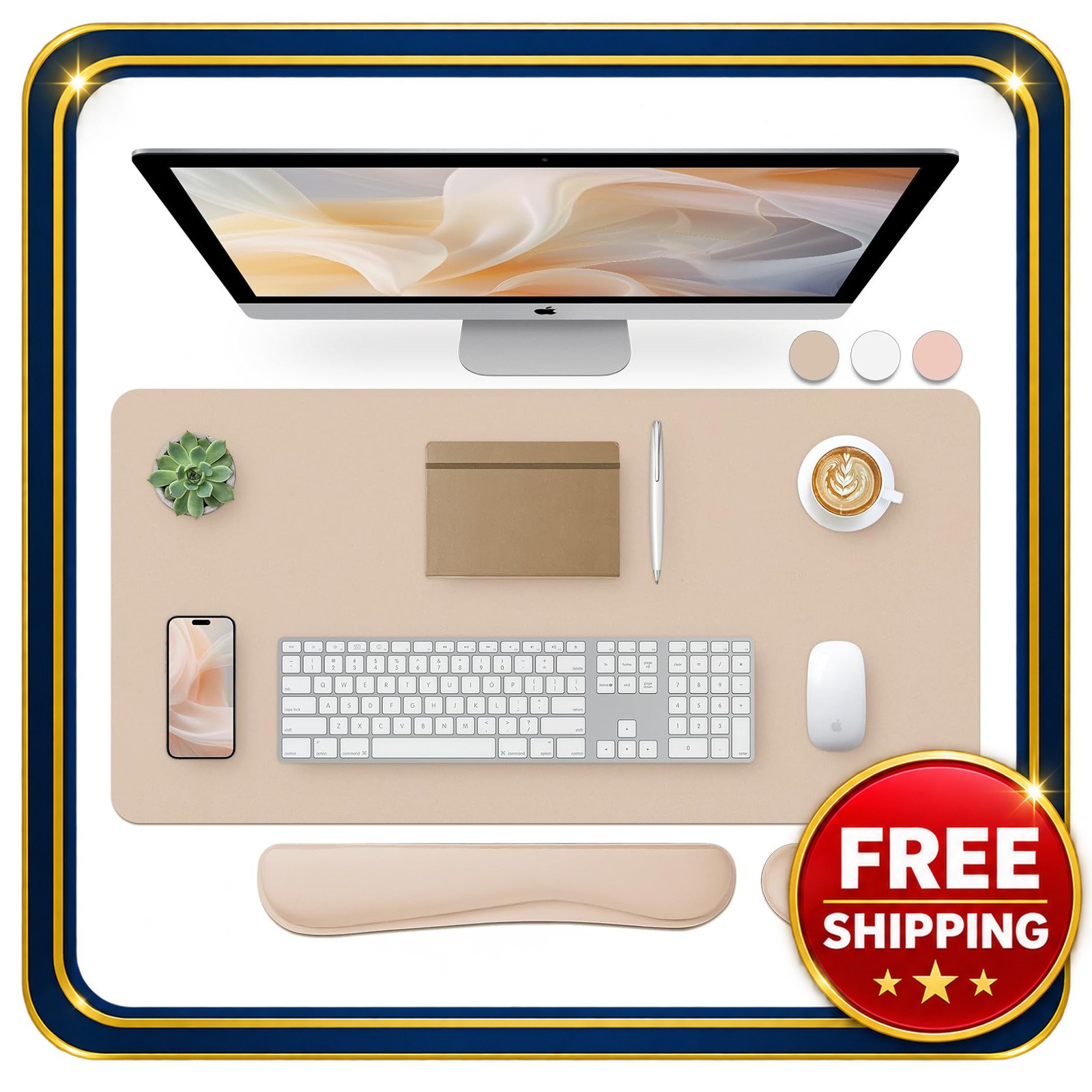 Desk Pad Set with Keyboard and Mouse Wrist Rests Faux Leather Large