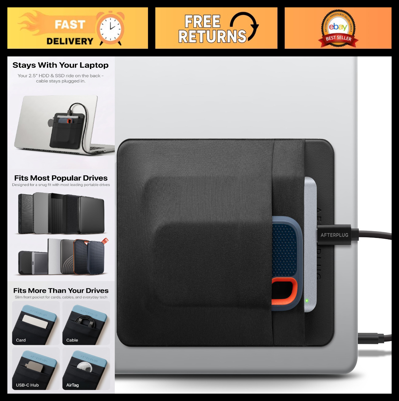 Large 2-Pocket Adhesive SSD & Hard Drive Holder Sleeve for Laptops, Cables & Mor