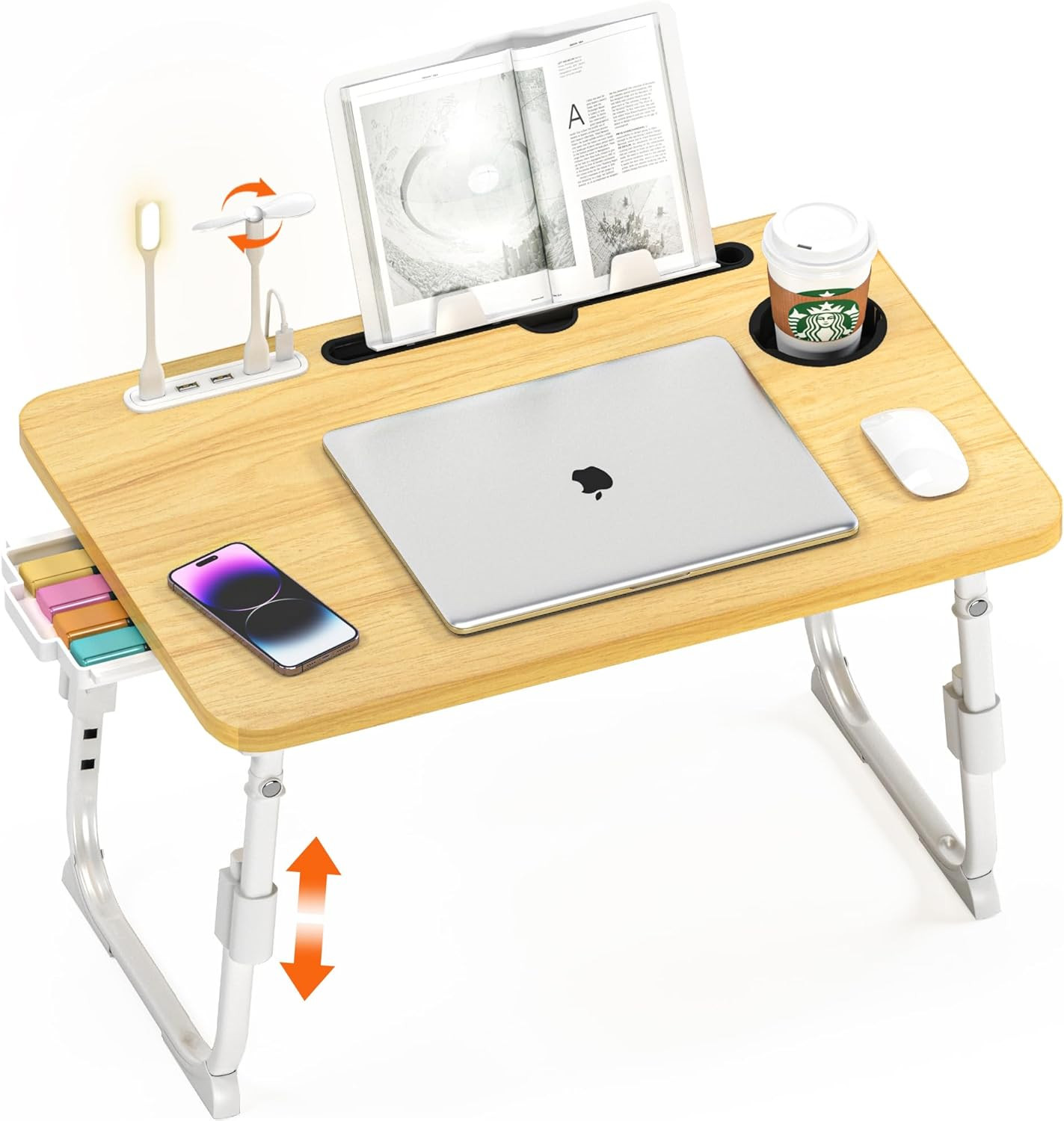 Laptop Bed Desk Height Adjustable, Bed Laptop Table with USB/Storage Drawer/Cup 