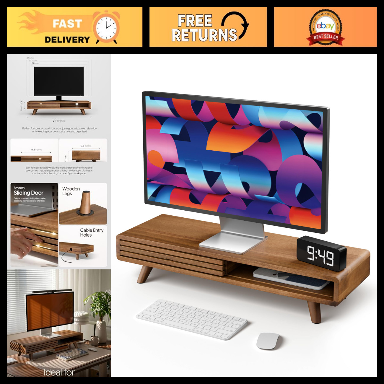 24" Wooden Monitor Stand Riser with Sliding Door & Cable Management Organizer