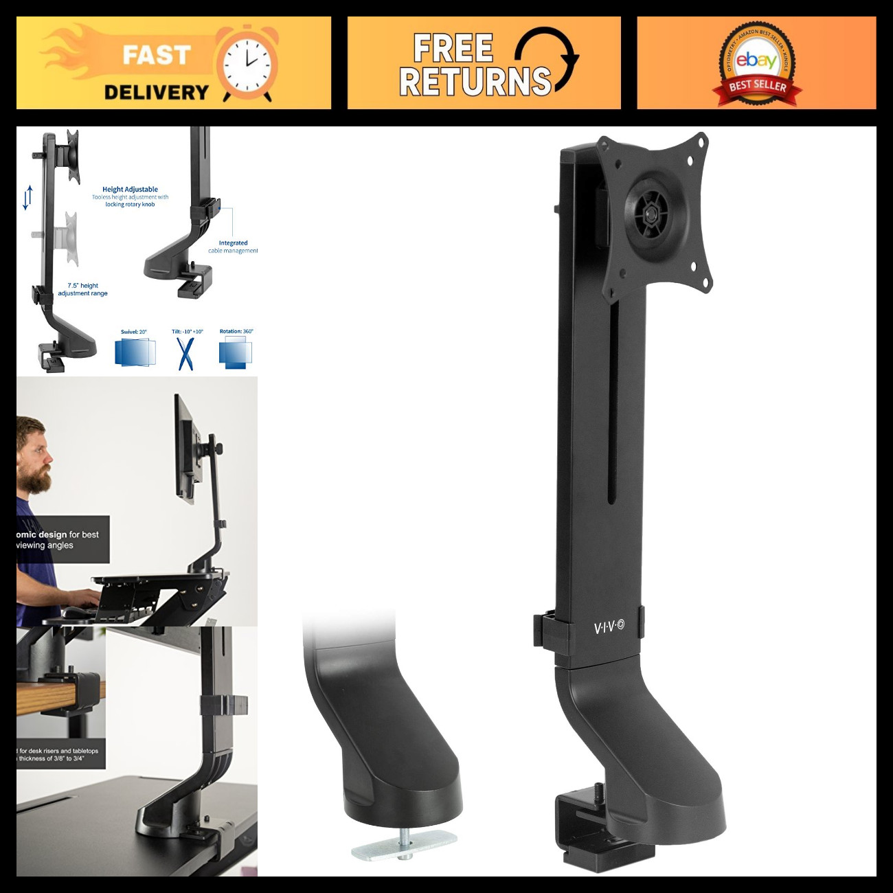 Adjustable Single Monitor Mount for Sit-Stand Workstation, Fits Screens up to 32
