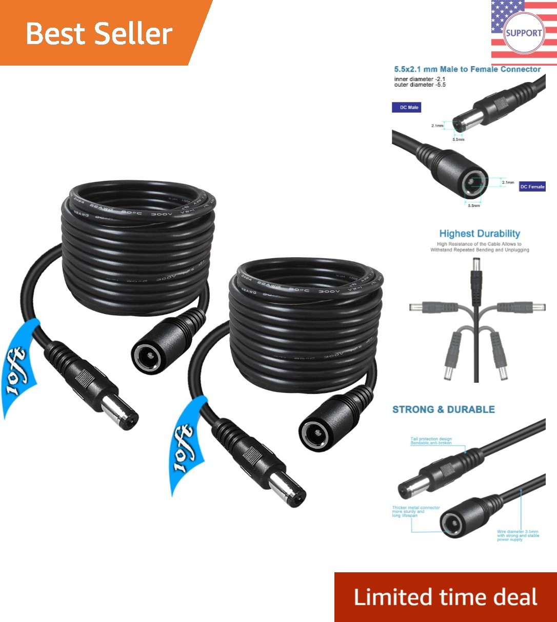 2-Pack 10FT 12V Power Extension Cables - Perfect for Security Cameras