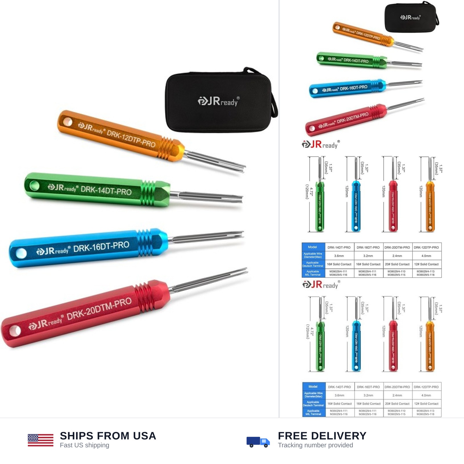 JRready ST5291 Deutsch Pin Removal Tool Kit Size 12 14 16 20 for Connector