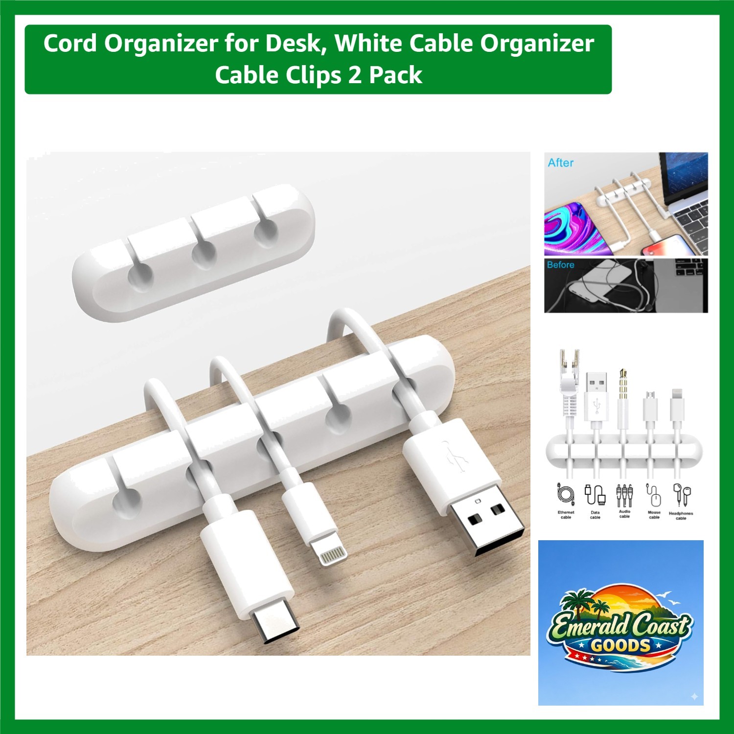 Multi-Use Self-Adhesive Cable Organizer Clips - Ideal for Home & Office, 2-Pack