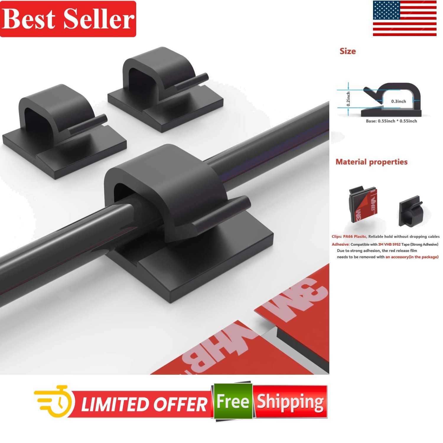 Cable Clips Organizer Set 60 pcs Adhesive Wire Holder for Home Office Car Black