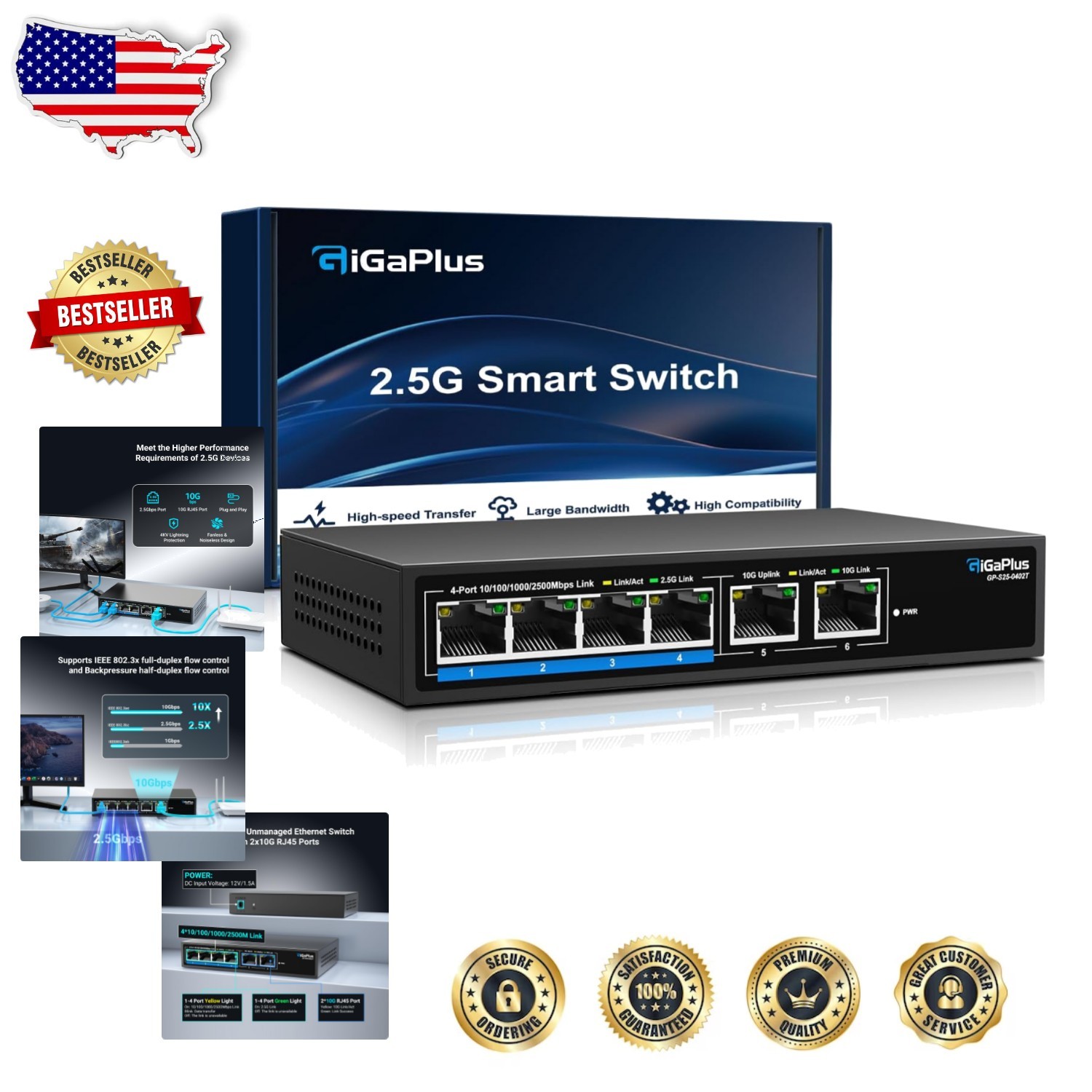 Unmanaged 6-Port 10Gb Network Switch | 2.5G/10G RJ45 Ports | Stable & Quiet