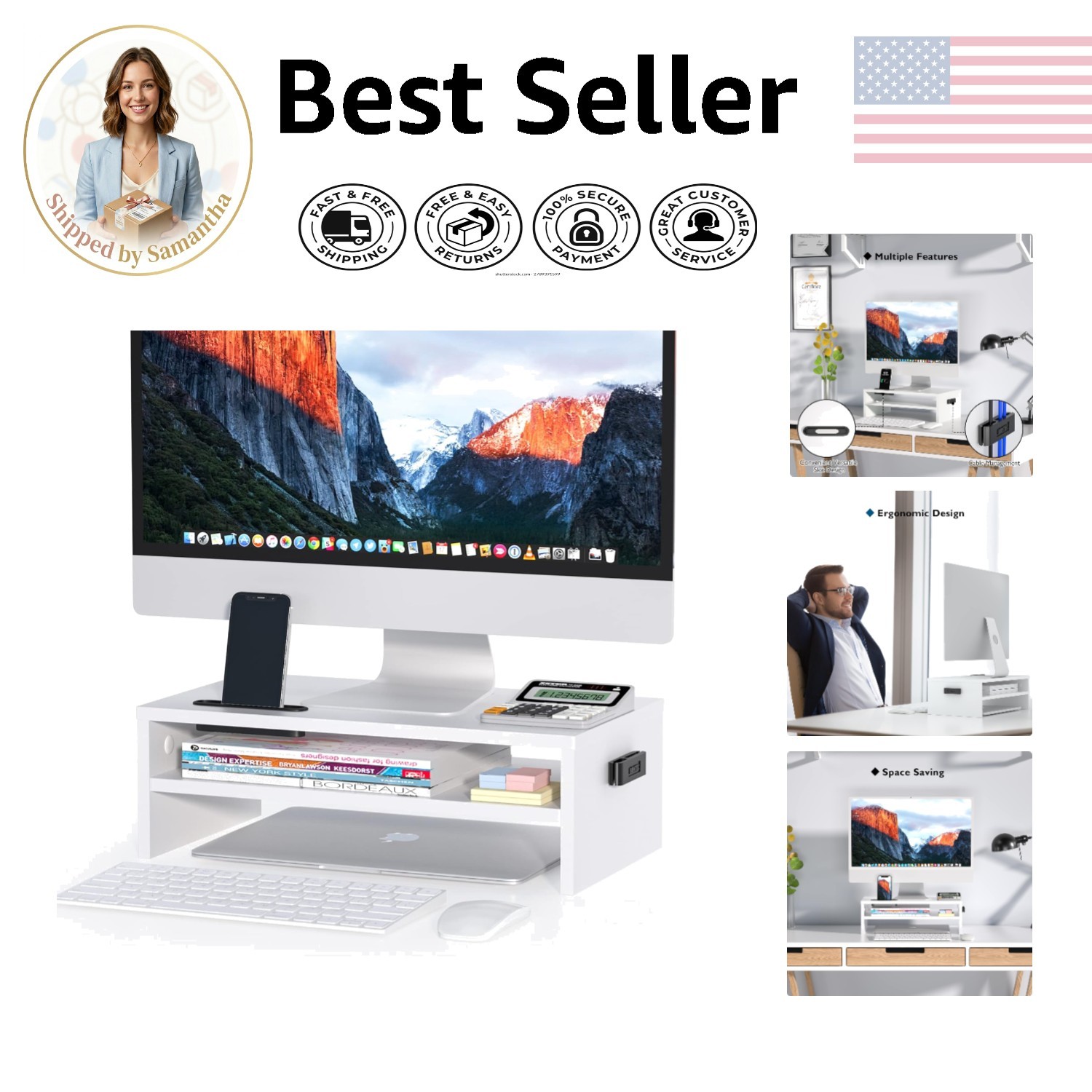 Ergonomic 2-Tier Wooden Monitor Stand Riser for Desk - Stylish White Finish