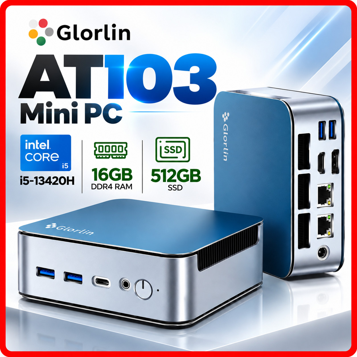 Glorlin Mini PC Intel Core i5-13420H 16GB DDR4 512GB SSD WiFi 6, Triple Display