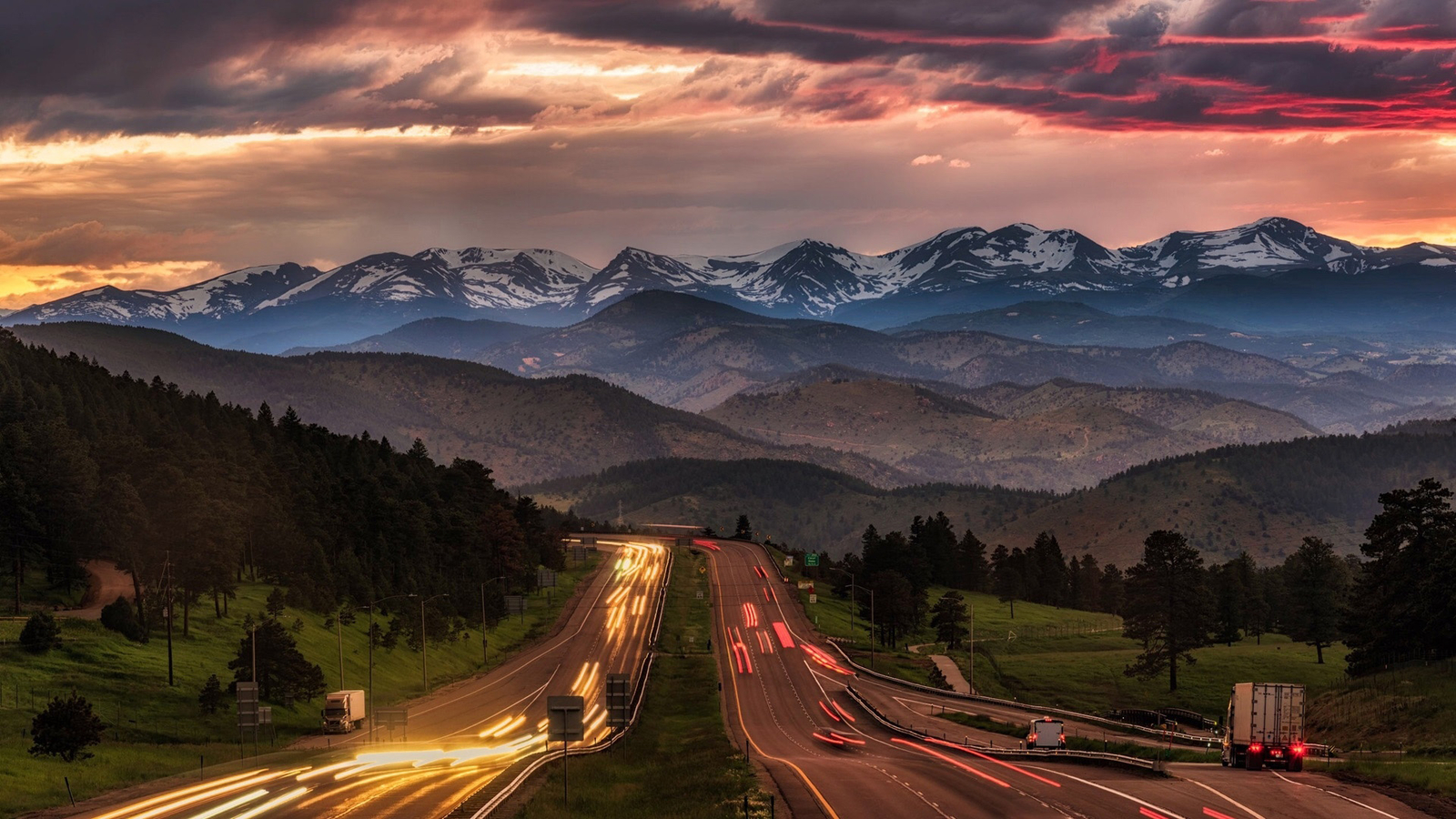 Landscape nature trees mountains highway evening sunset Custom Gaming Mat Desk