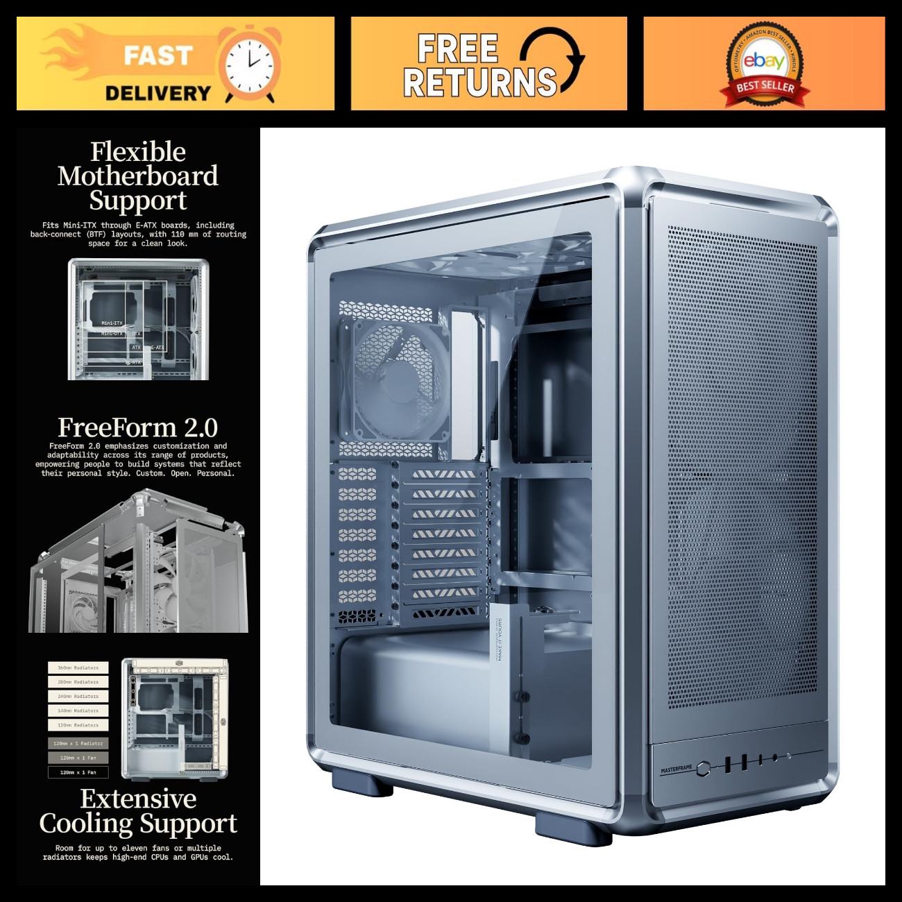 High Airflow ATX Case with 200mm Fans, Mesh Design, Silver - PC Gaming Tower