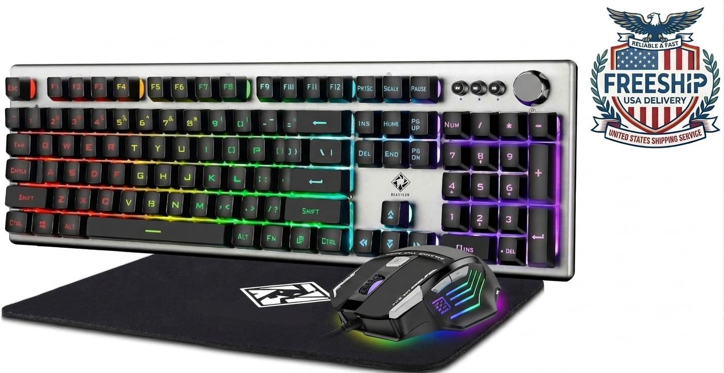 Teclado Gaming RGB con Mouse Pad, USB Keyboard, Mechanical Feel, Knob, PC Window