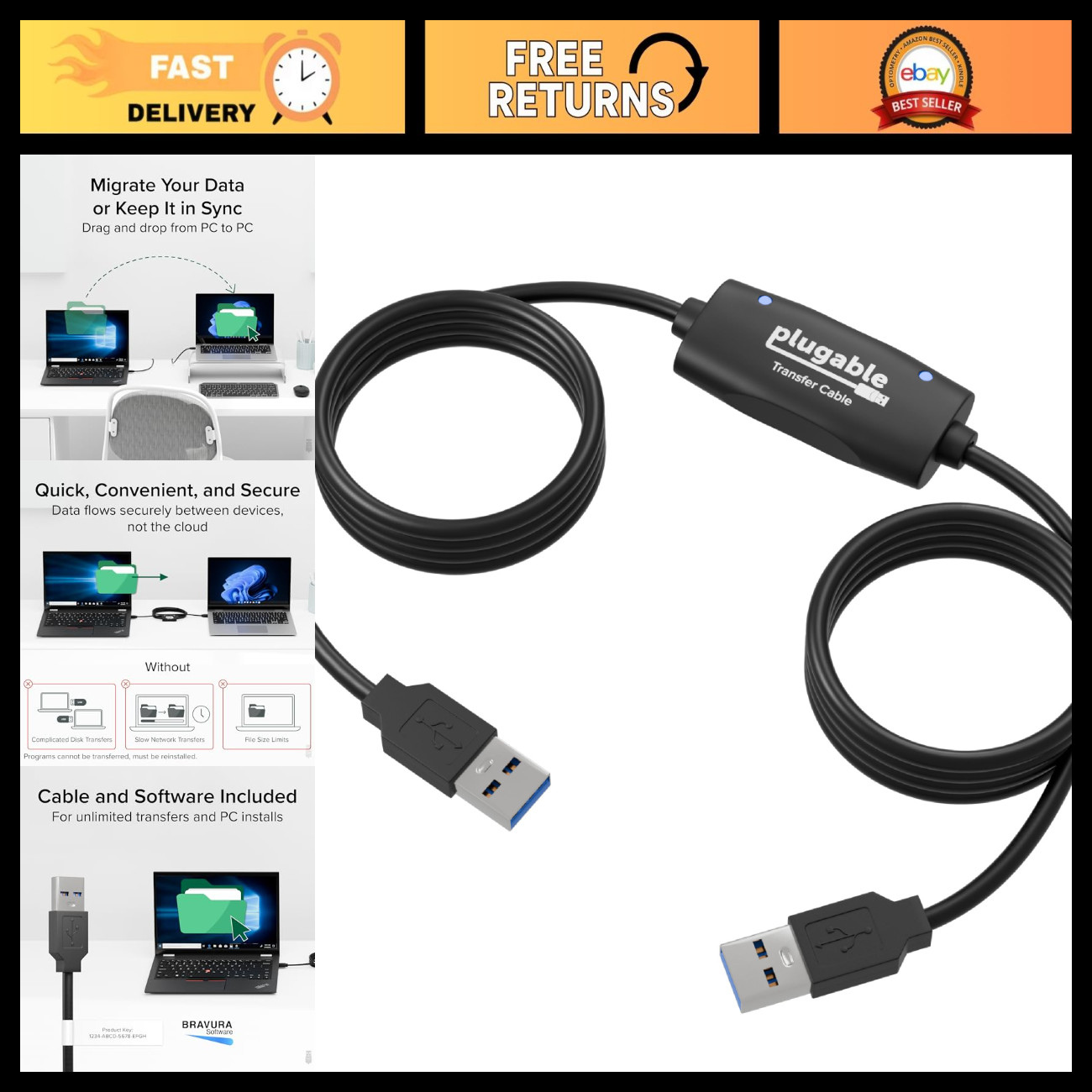 USB Data Transfer Cable - Fast File Sharing, Unlimited Use, Compatible with PC &