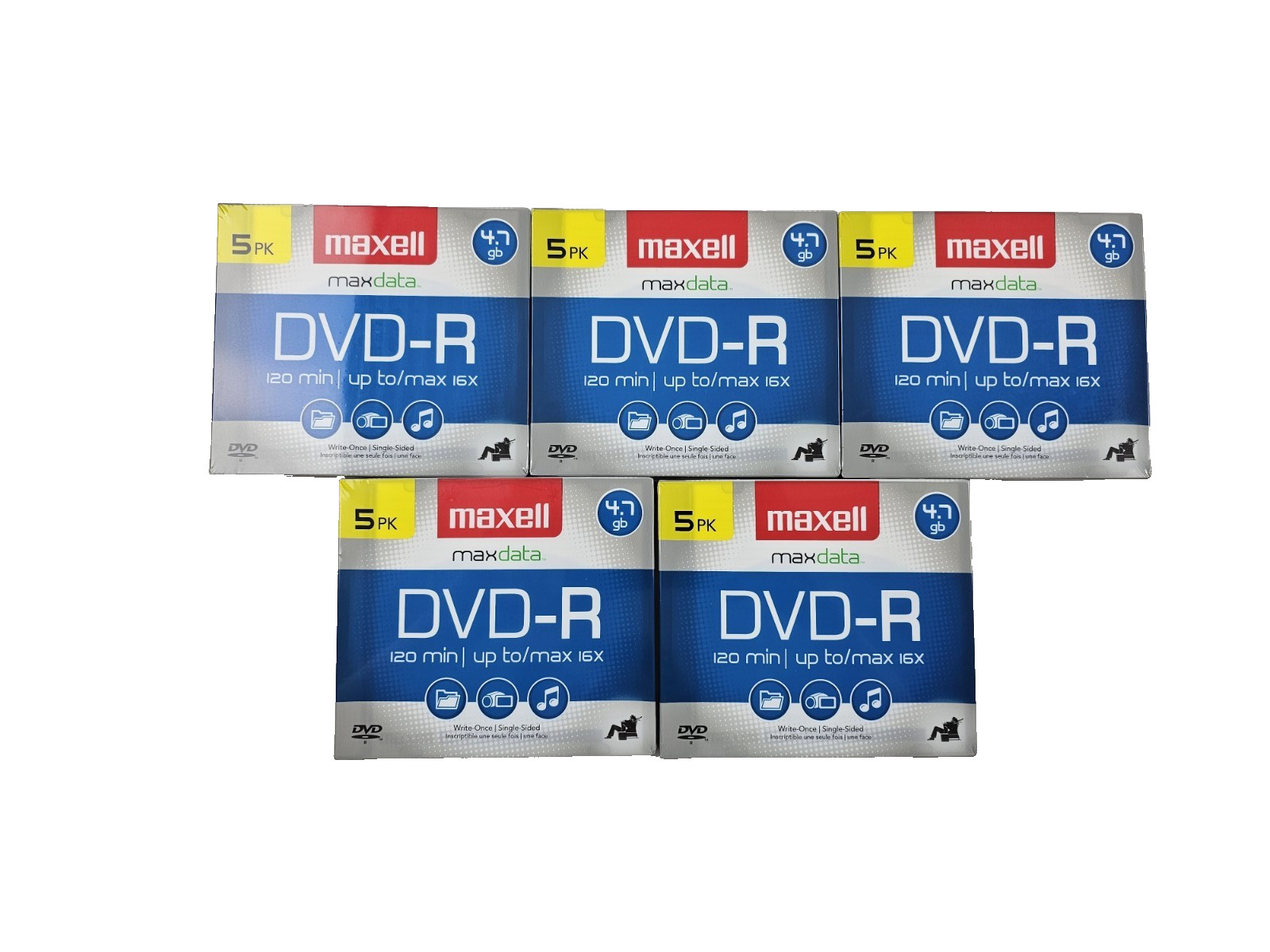 LOT OF 5 Maxell DVD-R 16X 4.7GB Blank Media Discs 5-Pack NEW SEALED (25 TOTAL)