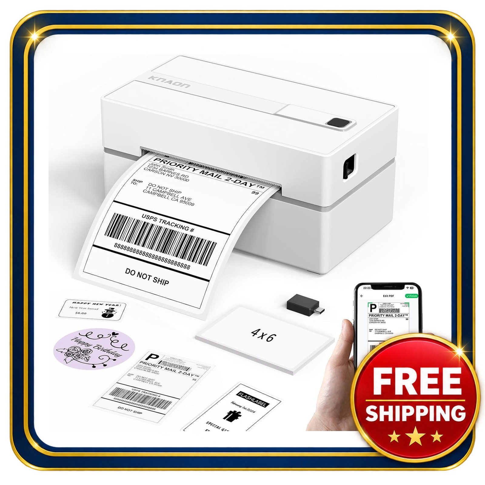 KNAON Bluetooth Thermal Shipping Label Printer 4x6 Portable Wireless