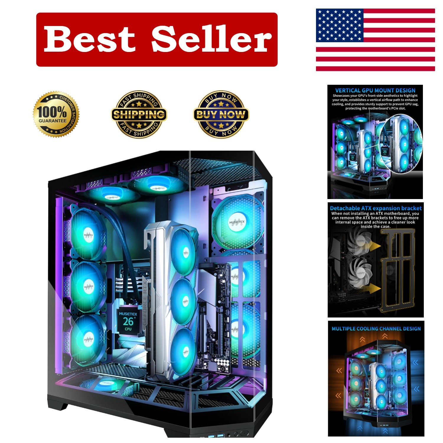 PC Case, Vertical GPU Mounting Design, Pre-Installed 5 PWM ARGB Fans, 360MM RAD