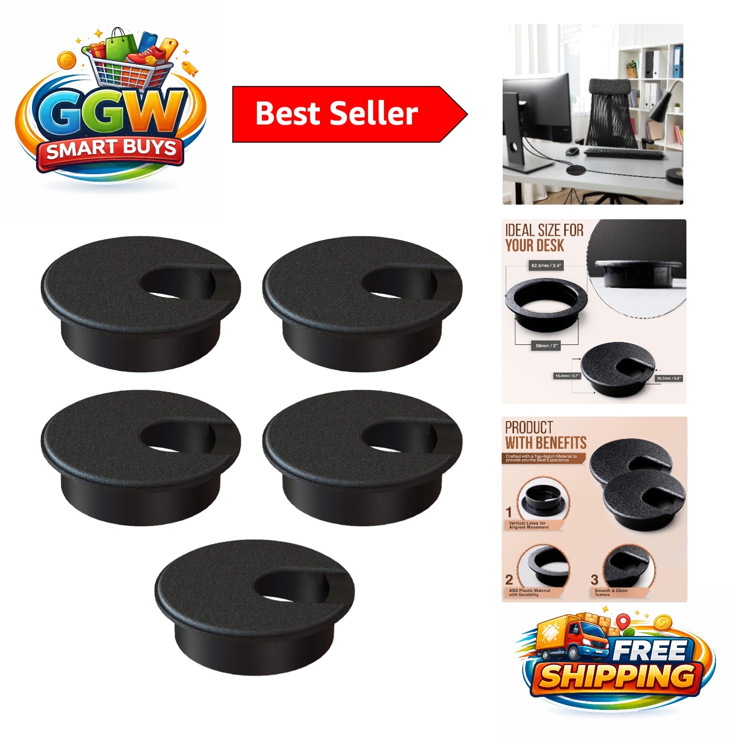 Effortless Installation Black Desk Grommet 2 Inch Pack of 5 - The Cable Solution