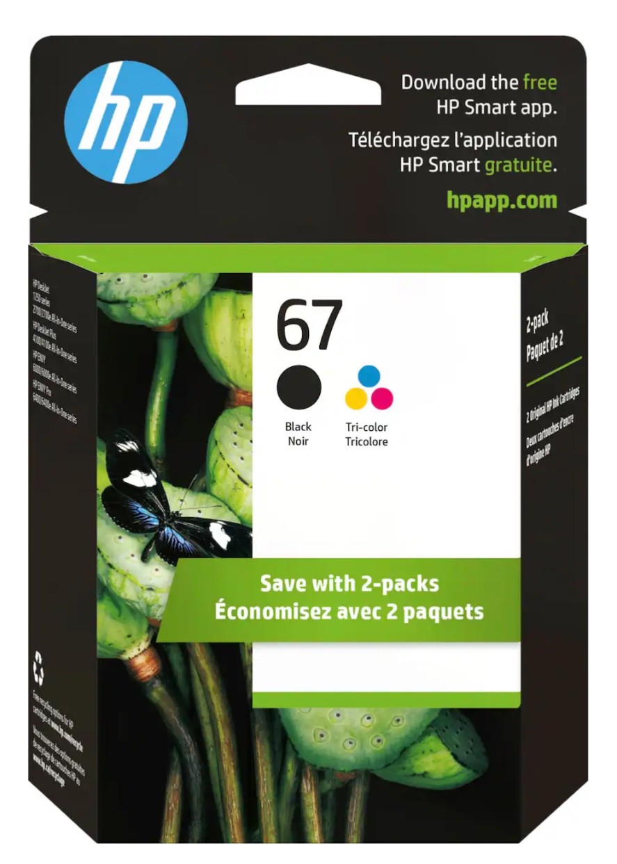 HP 67 Standard Yield Tri-Color Ink, Black/ Tri-Color, 2-Pack