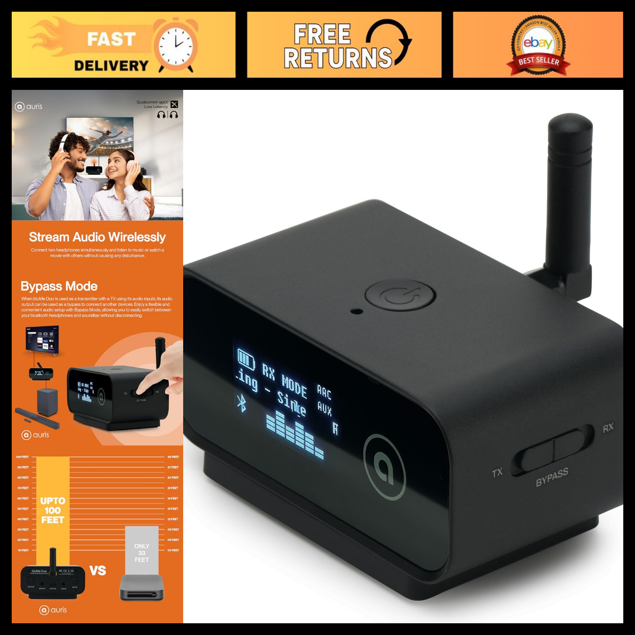HiFi Bluetooth 5.0 Music Transmitter & Receiver | Long Range Wireless Adapter, D