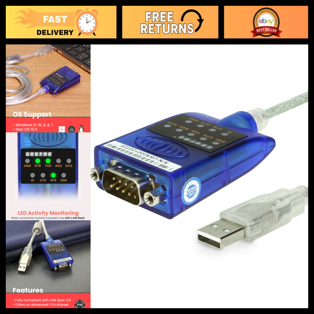 USB to Serial RS-232 Adapter, FTDI Chipset, LED Indicators, Windows & Mac Compat