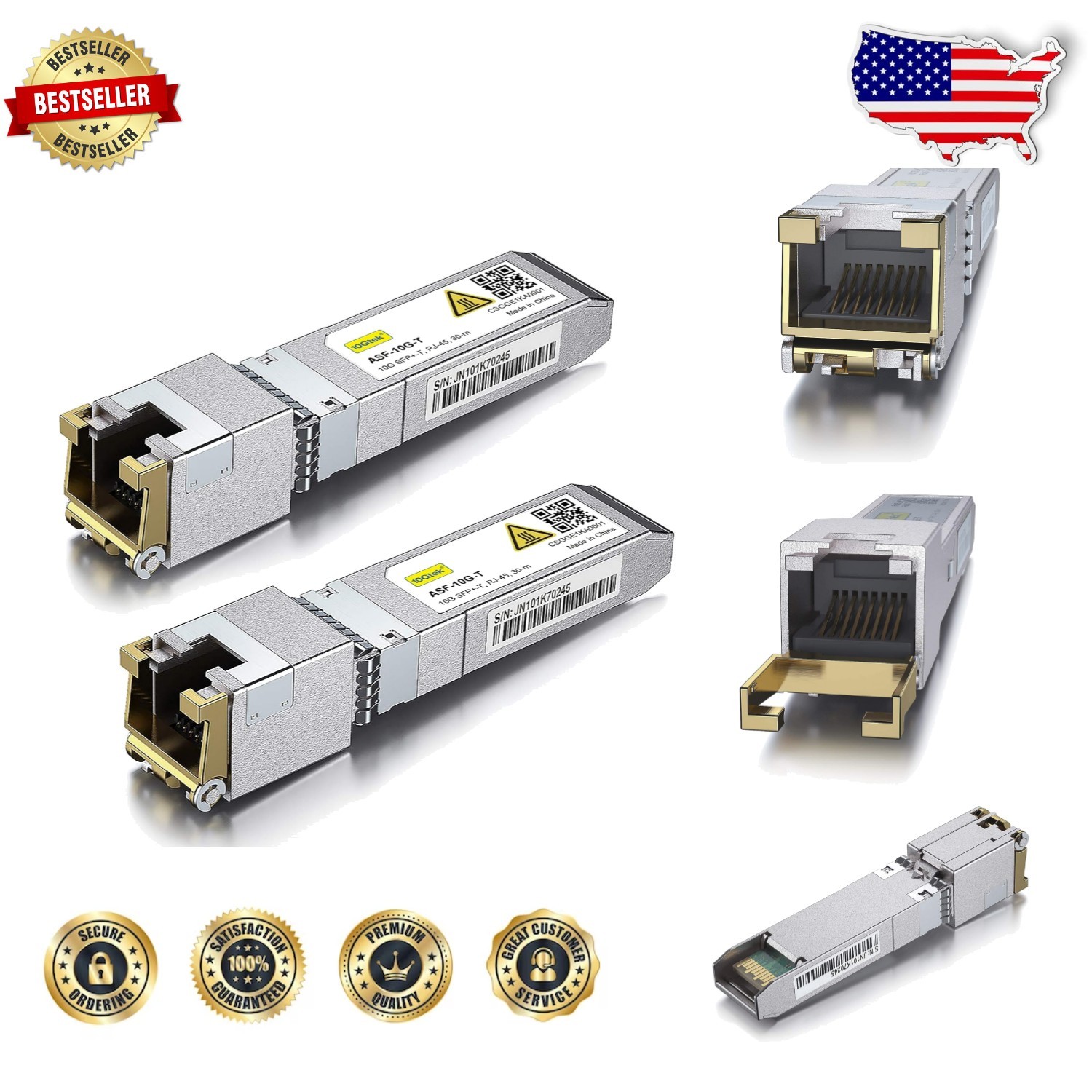 10Gbps SFP+ RJ45 Copper Transceiver, 30 Meter CAT6a Wide Compat.
