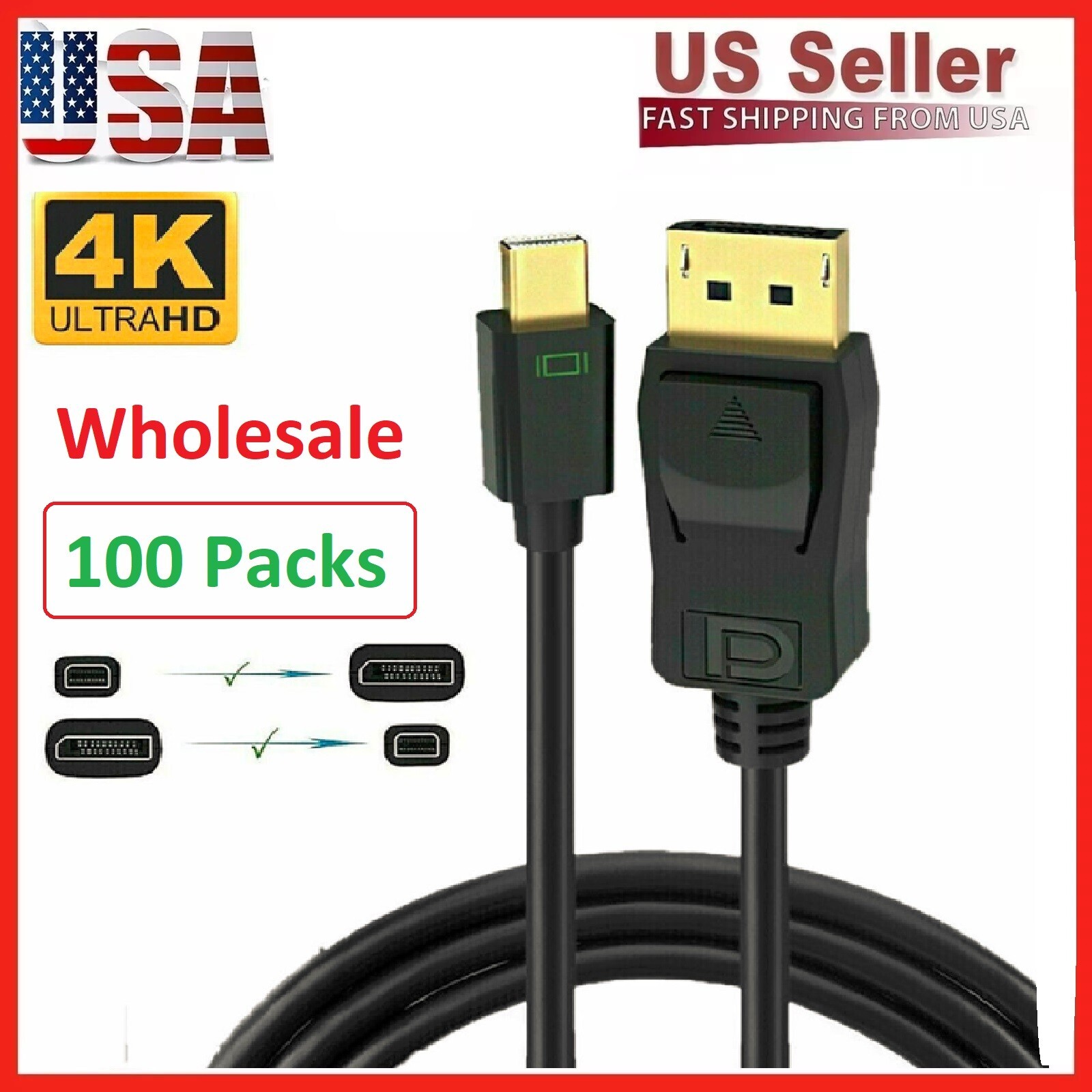 (100 x Pack) Mini DisplayPort to DisplayPort Cable DP to DP HD Video 4K 60Hz 6FT