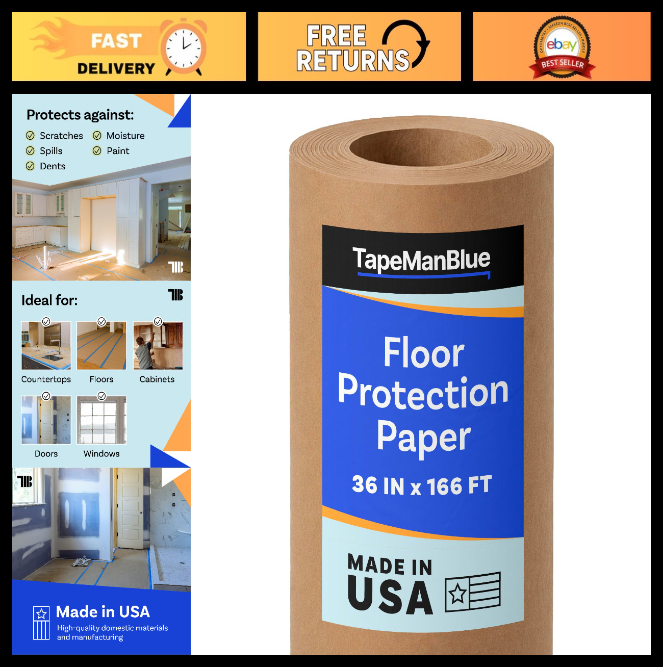 36"x166' Floor Protection Paper Roll - Thick Brown Rosin Masking, 100% Recycled