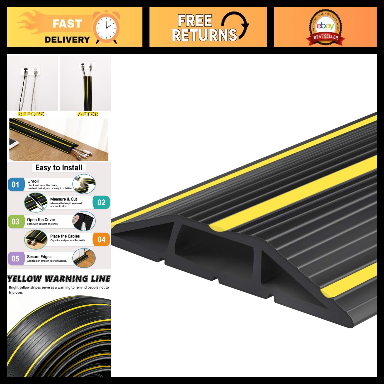 10Ft Floor Cable Cover - 3-Channel PVC Wire Protector, Anti-Slip with Warning St