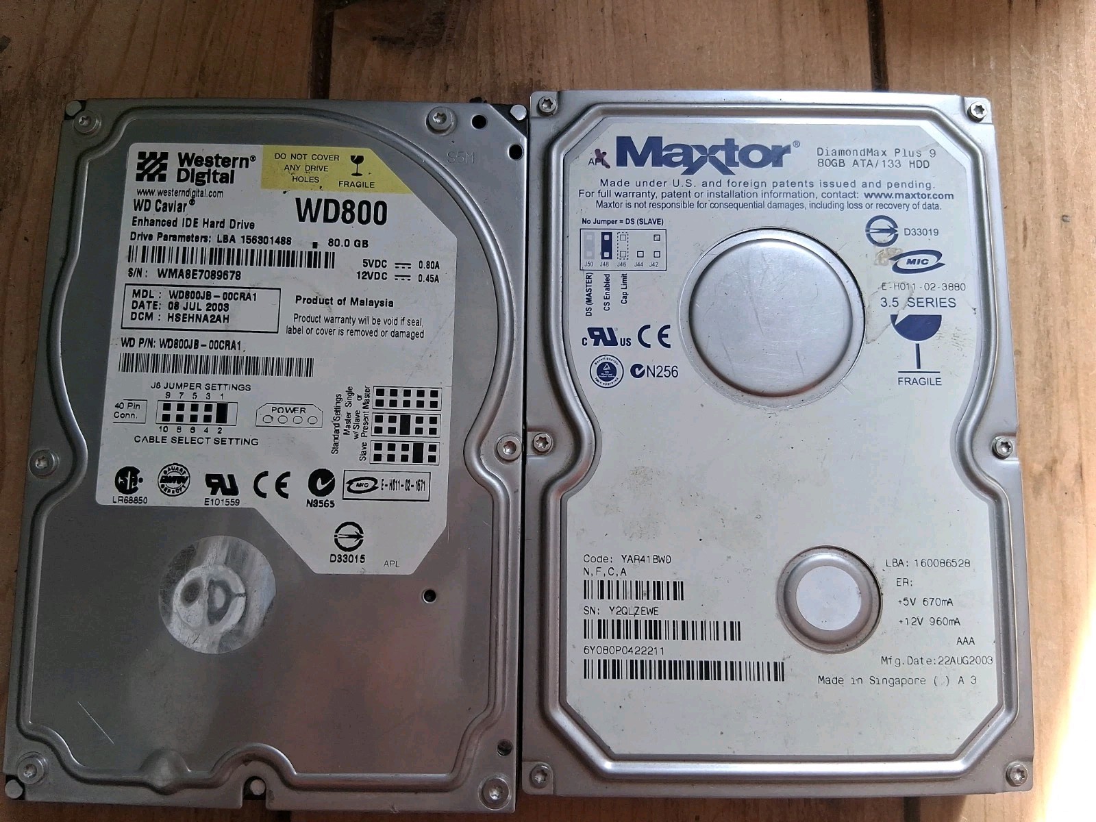 Tested 2 80gb = 160 Maxtor & Western Digital IDE 7200 Rpm Hard Drives Bundle Lot