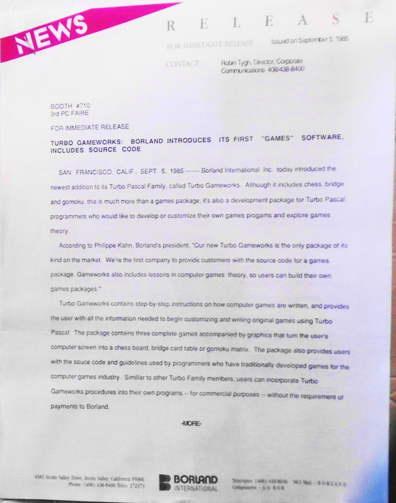Borland introduces its first "Games" softwware - Turbo Gameworks. Sept. 5, 1985.