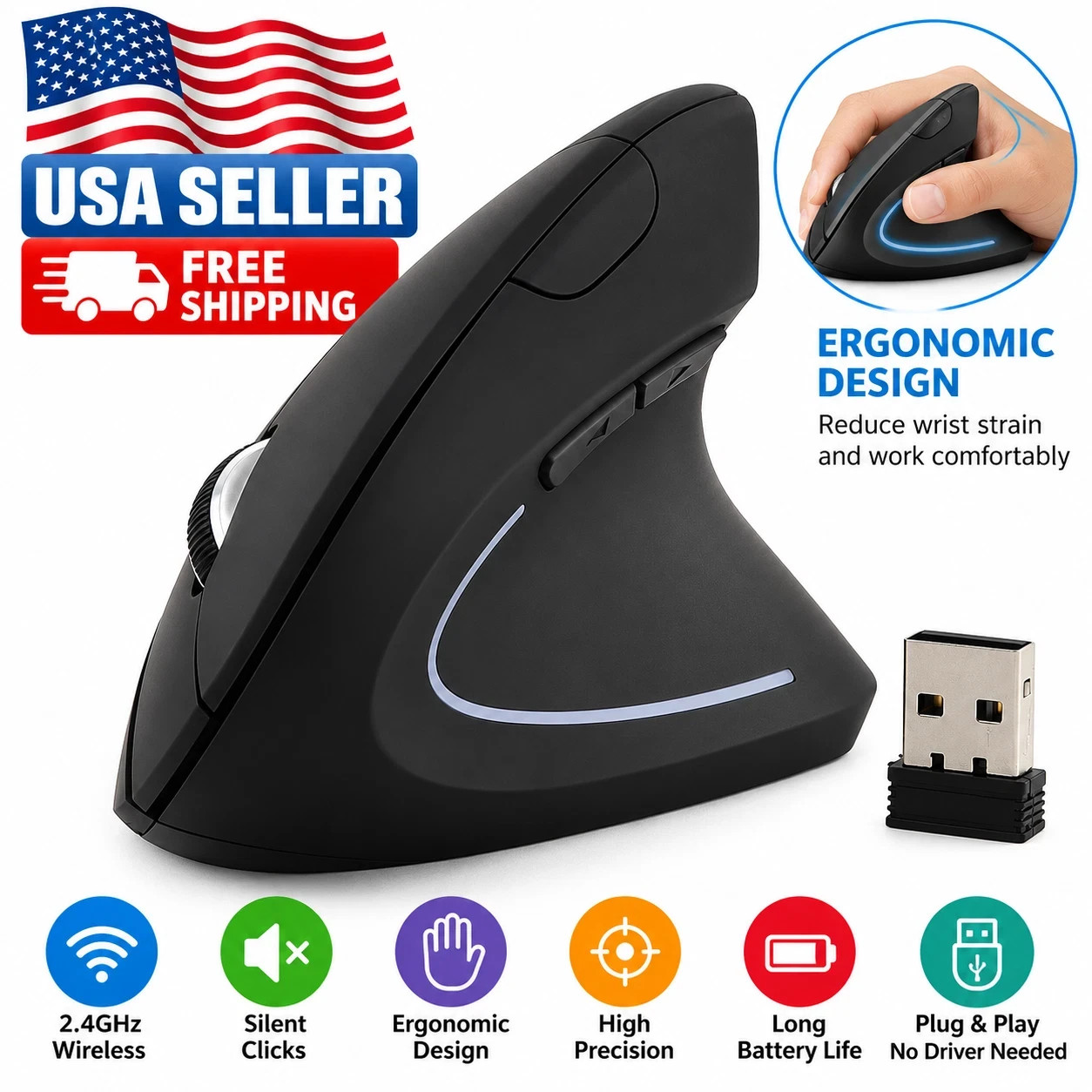 Ergonomic Wireless Mouse Optical USB 2.4G Mini Right Hand Computer Laptop PC Use