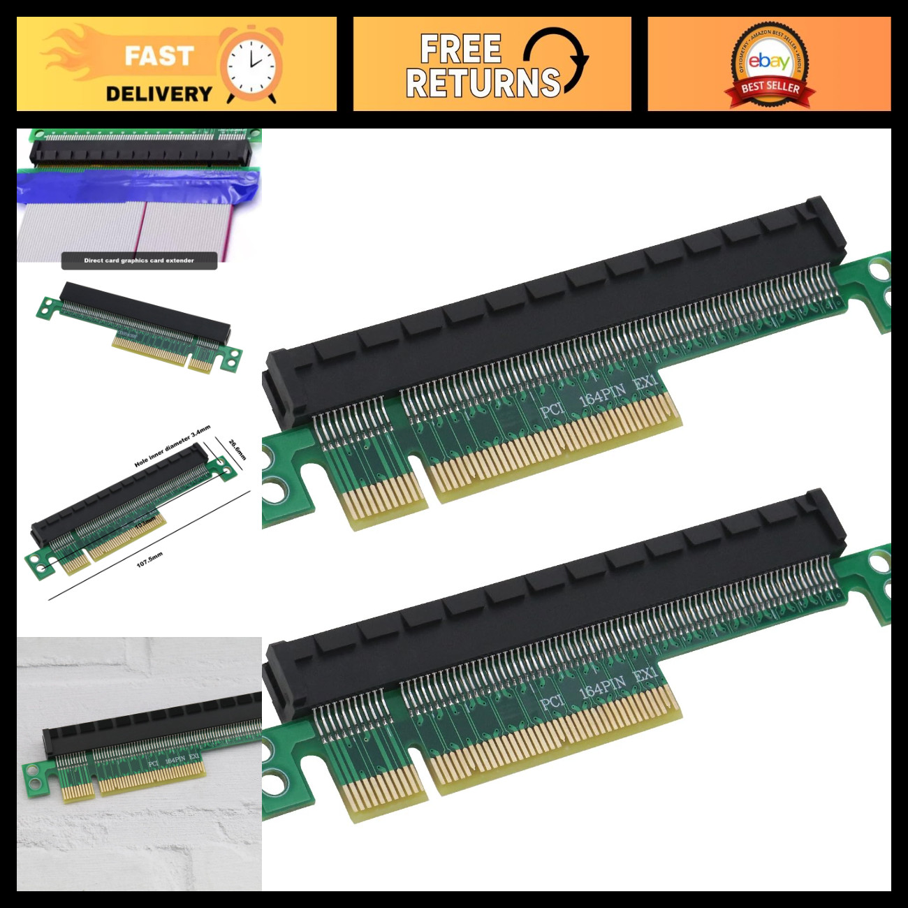 2PCS PCI-E 8X to 16X Riser Card Adapter - Male to Female Expansion Converter