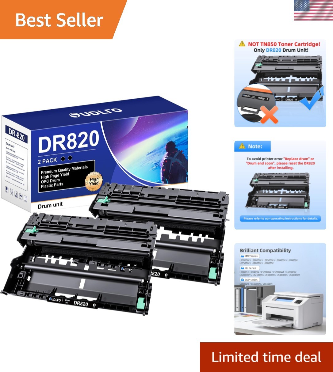 DR820 Drum Unit Replacement - 2 Pack for Brother Printers, 30,000 Pages