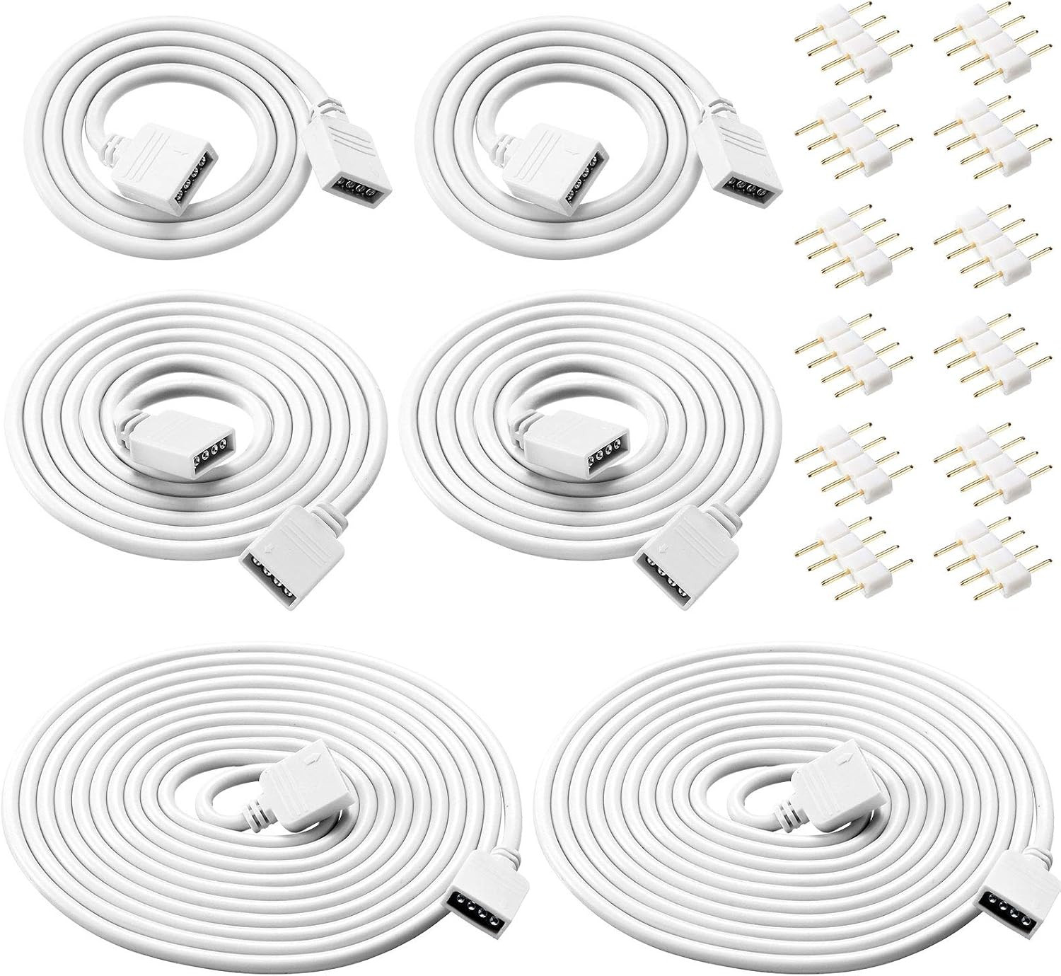 6 Pieces 4 Pin RGB Extension Cable Kit, 1.6,3.3,6.6 ft, White