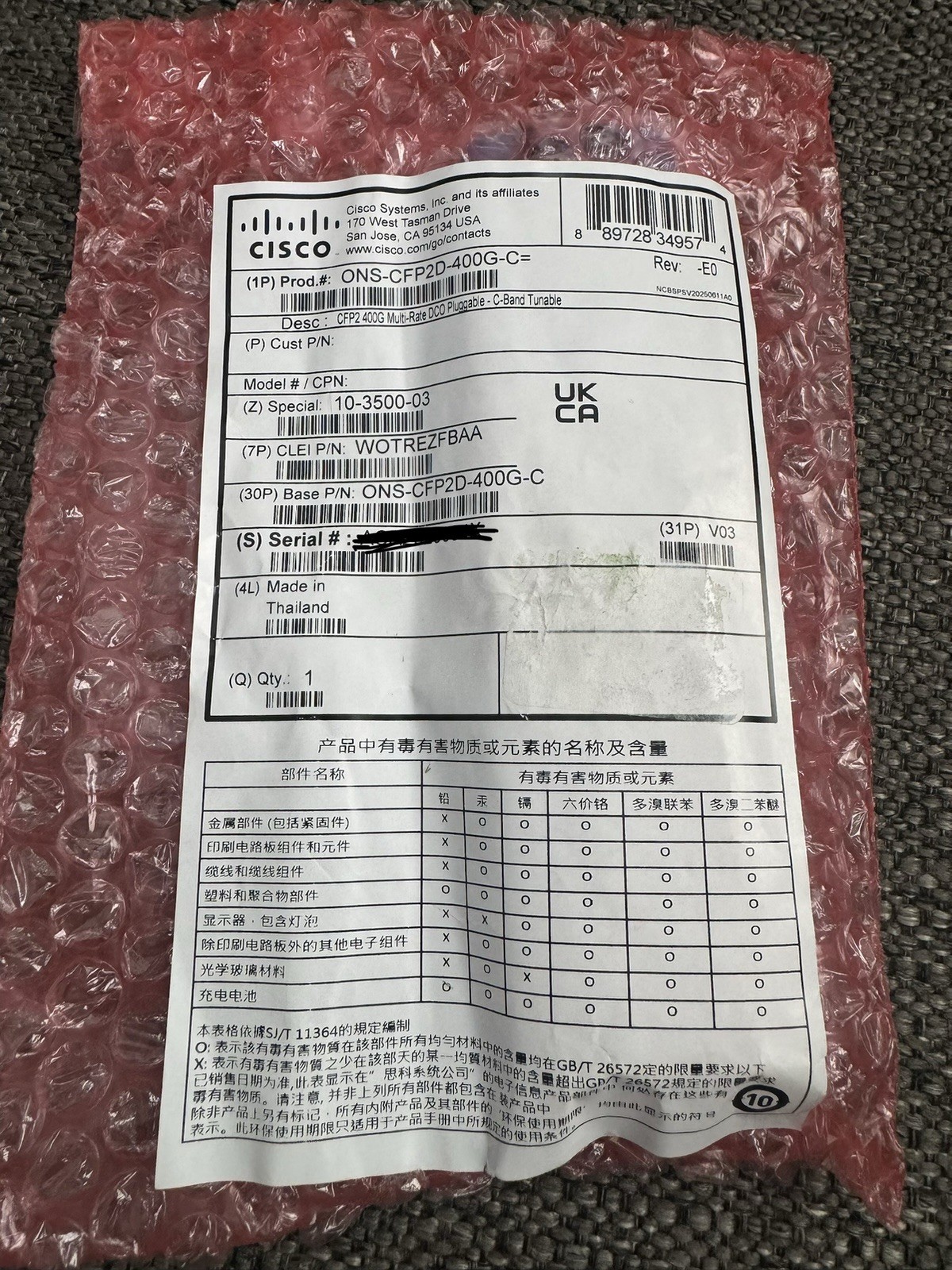CISCO ONS-CFP2D-400G-C( CFP2-400G MULTI-RATE DCO PlUGGABLE-C BAND TUNABLE)