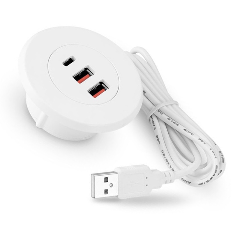 USB Desk Grommet Hole Charging Hub with Two USB & Type C Port Round Embedded USB