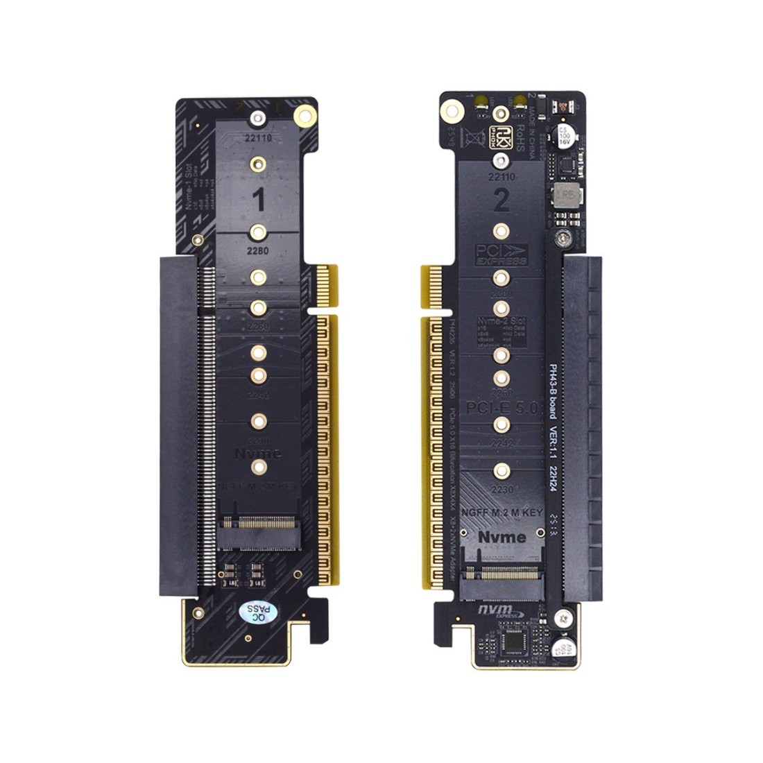 PCI‑E X16 Splitter Card,1 PCI‑E X16(X8 Lane)Slot + Dual M‑Key M.2 NVMe SSD Ports