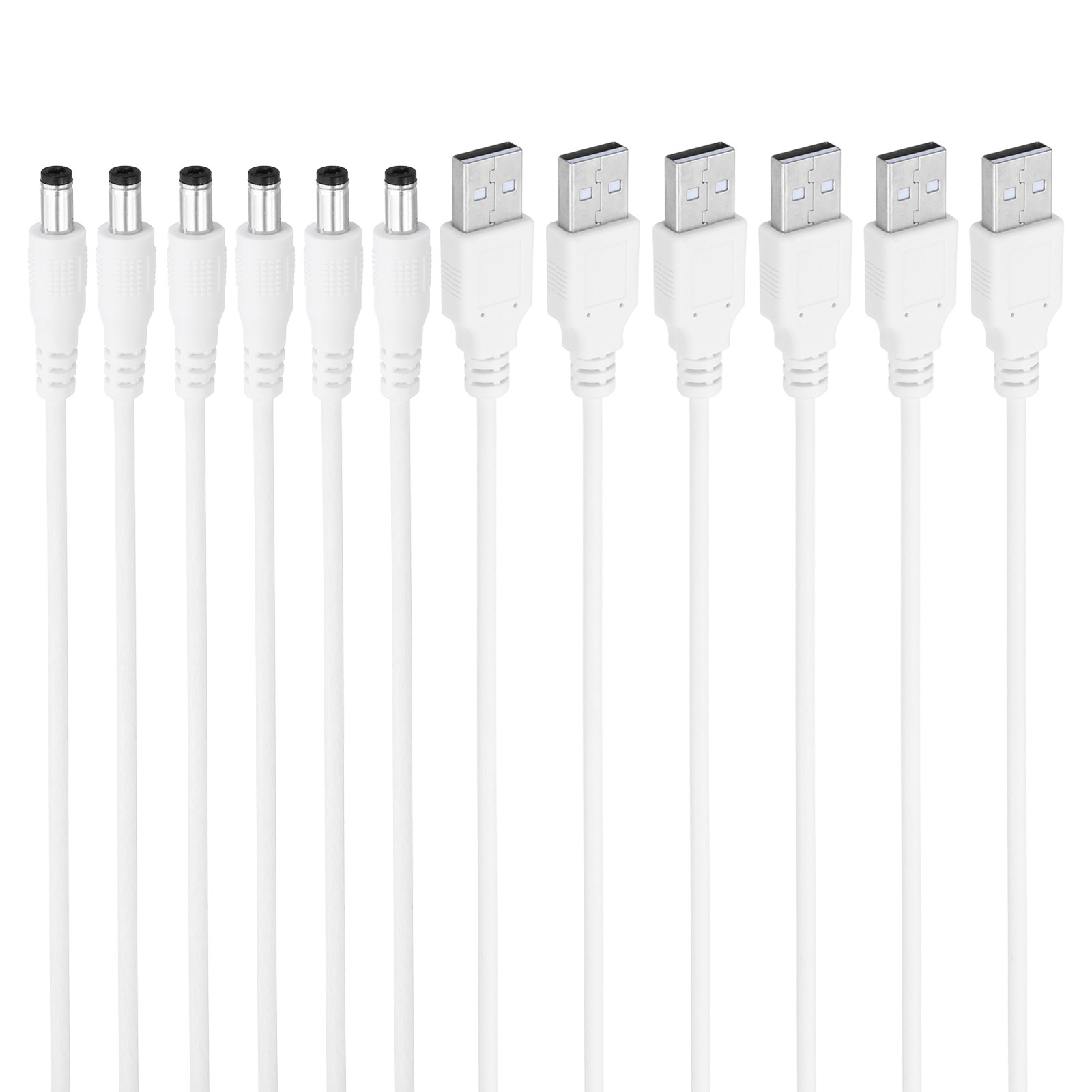 USB 2.0 A Type to DC 5.5x2.5mm Barrel Jack Power Cable, 6pcs, White
