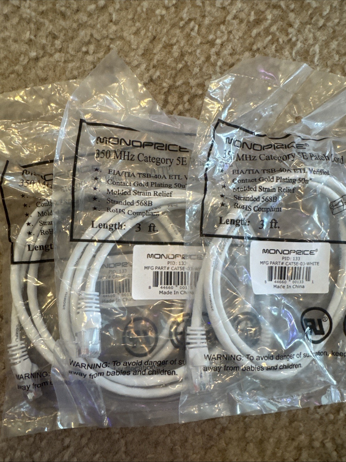 CAT5e Ethernet Cable 3x Monoprice 3ft White