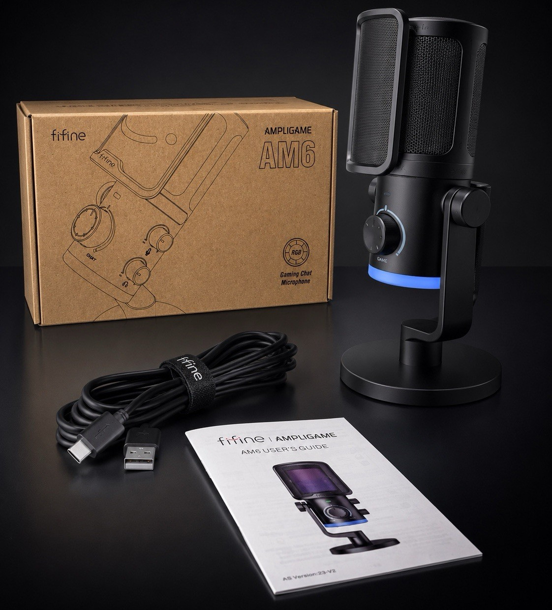 FIFINE AMPLIGAME AM6 USB RGB Condenser Gaming Chat Microphone, Black