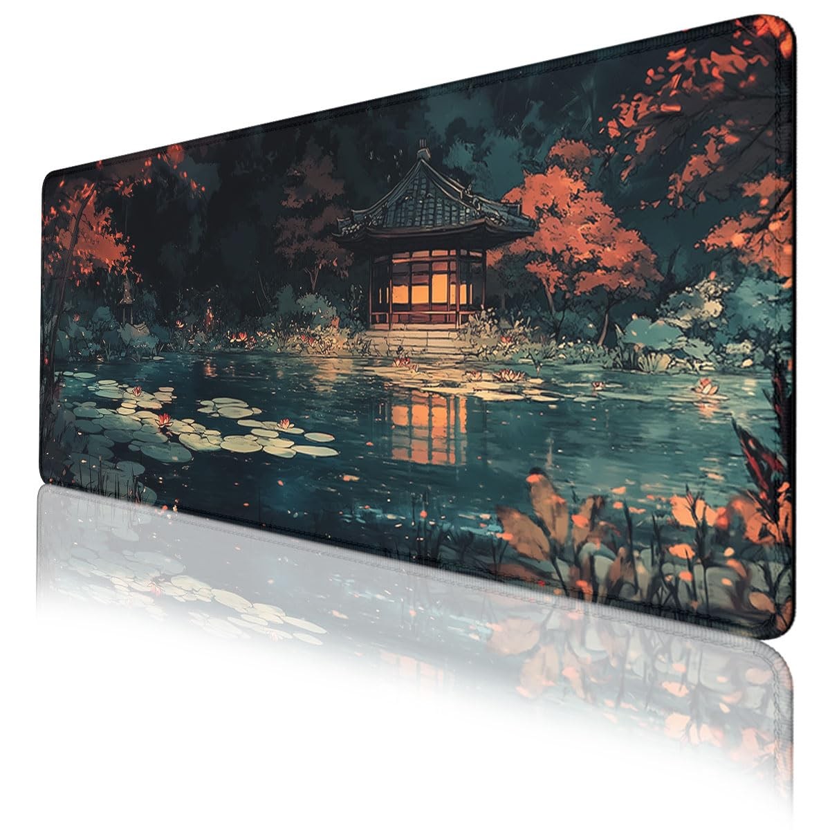 Japanese Garden Night Lake Pavilion Large Gaming Mouse Pad Desk Mat 31.5x11.8