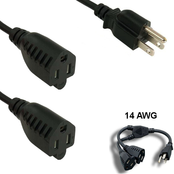 Kentek 1' ft 14 AWG Power Splitter Cord NEMA 5-15P to 2x 5-15R 15A/250V SJT Blk