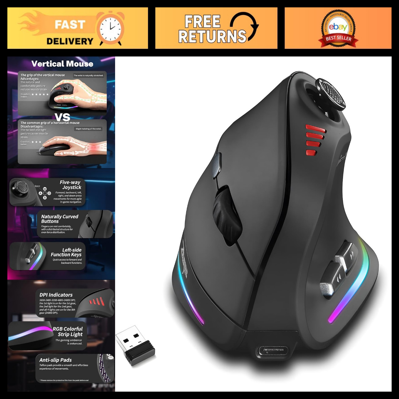Wireless Gaming Mouse, 24000 DPI Vertical Design, 12 Programmable Buttons, PC/La