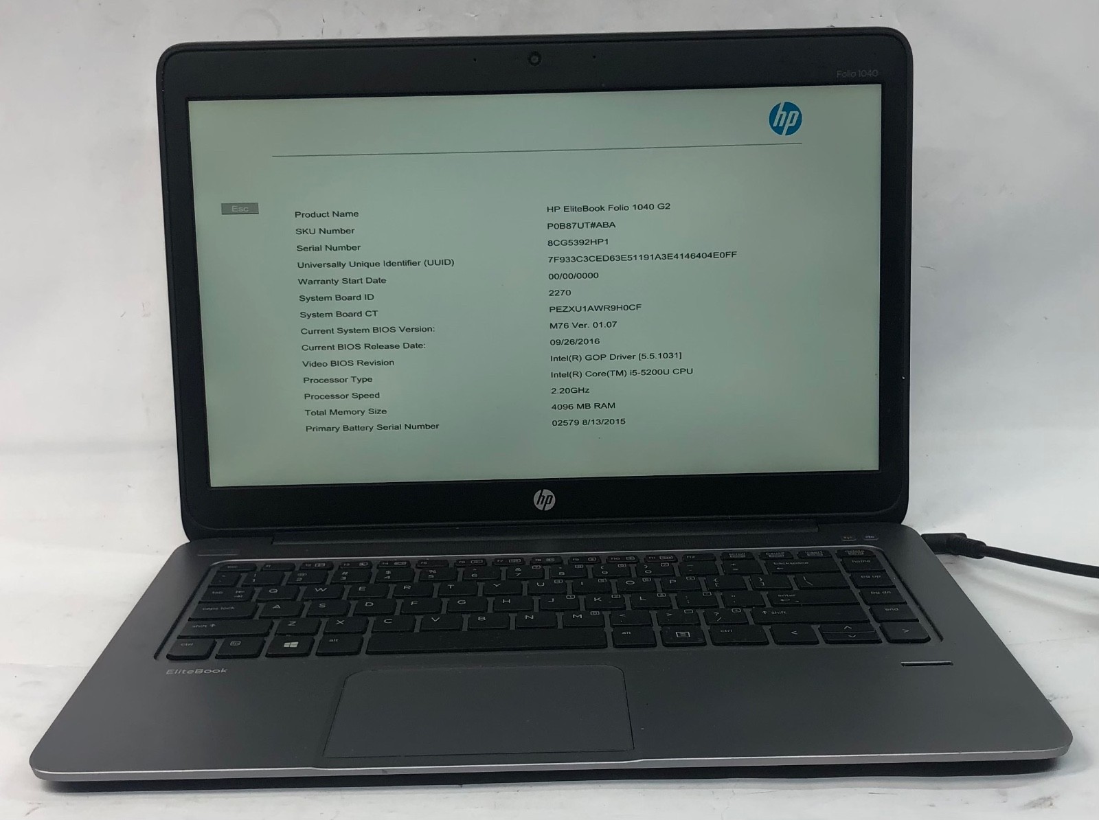 HP EliteBook Folio 1040 G2, Intel Core i5-5200U @2.20GHz, 4GB RAM, No SSD/HDD/OS
