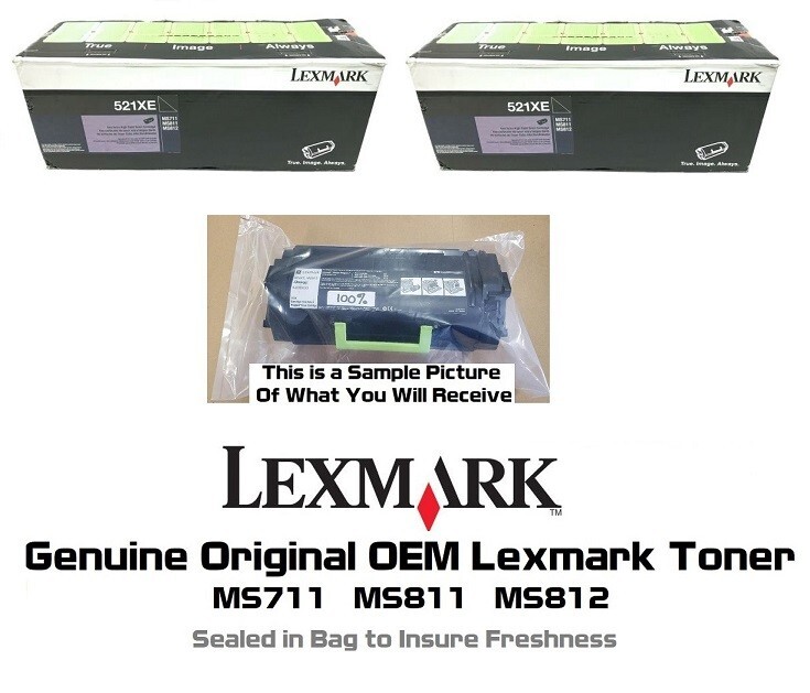 2 Mostly New Genuine Lexmark 521XE Toners MS711 MS811 SEALED BAG 55% 52D1X0E