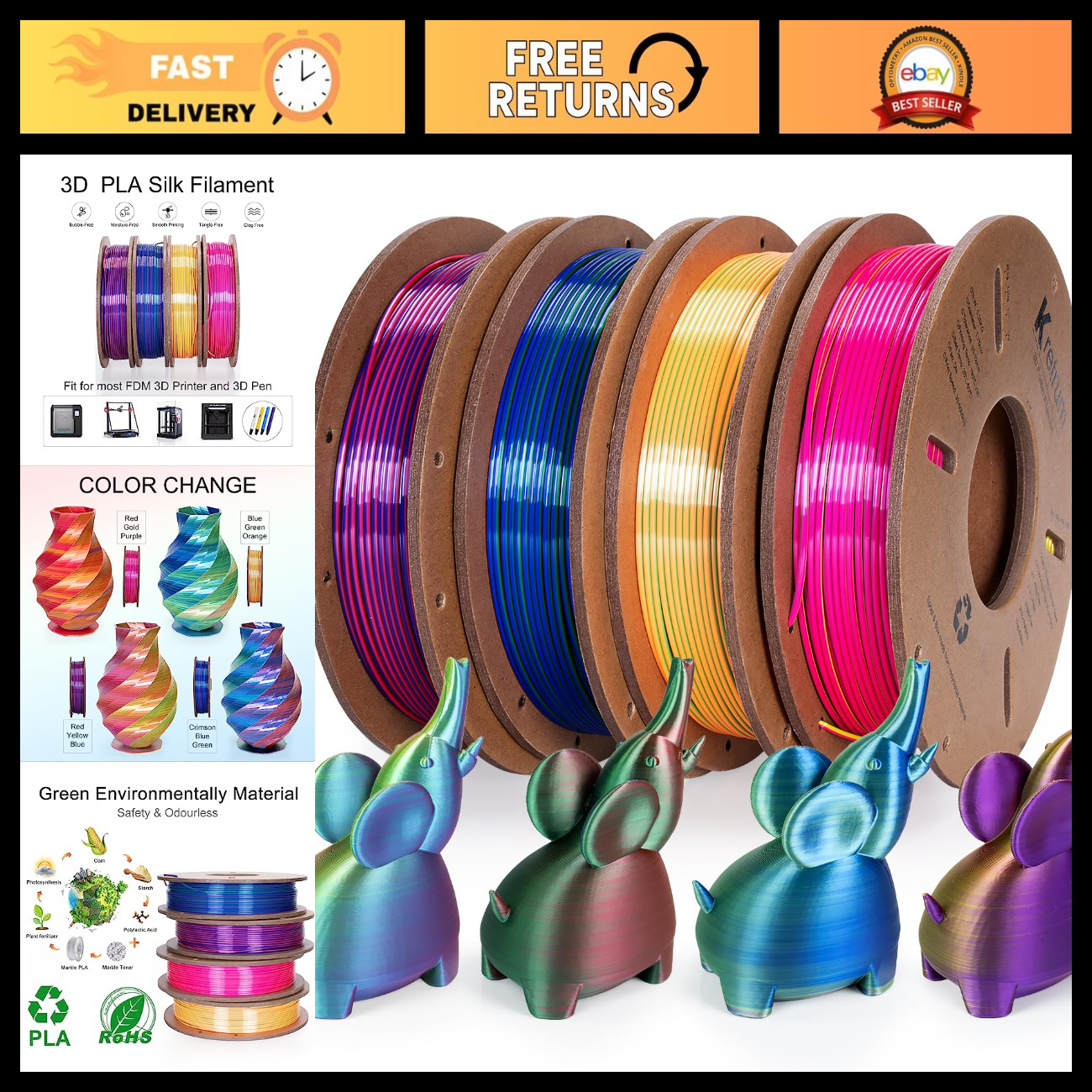 Color Changing PLA 3D Printer Filament Bundle 1.75mm Multi Pack 4 Spools 250g